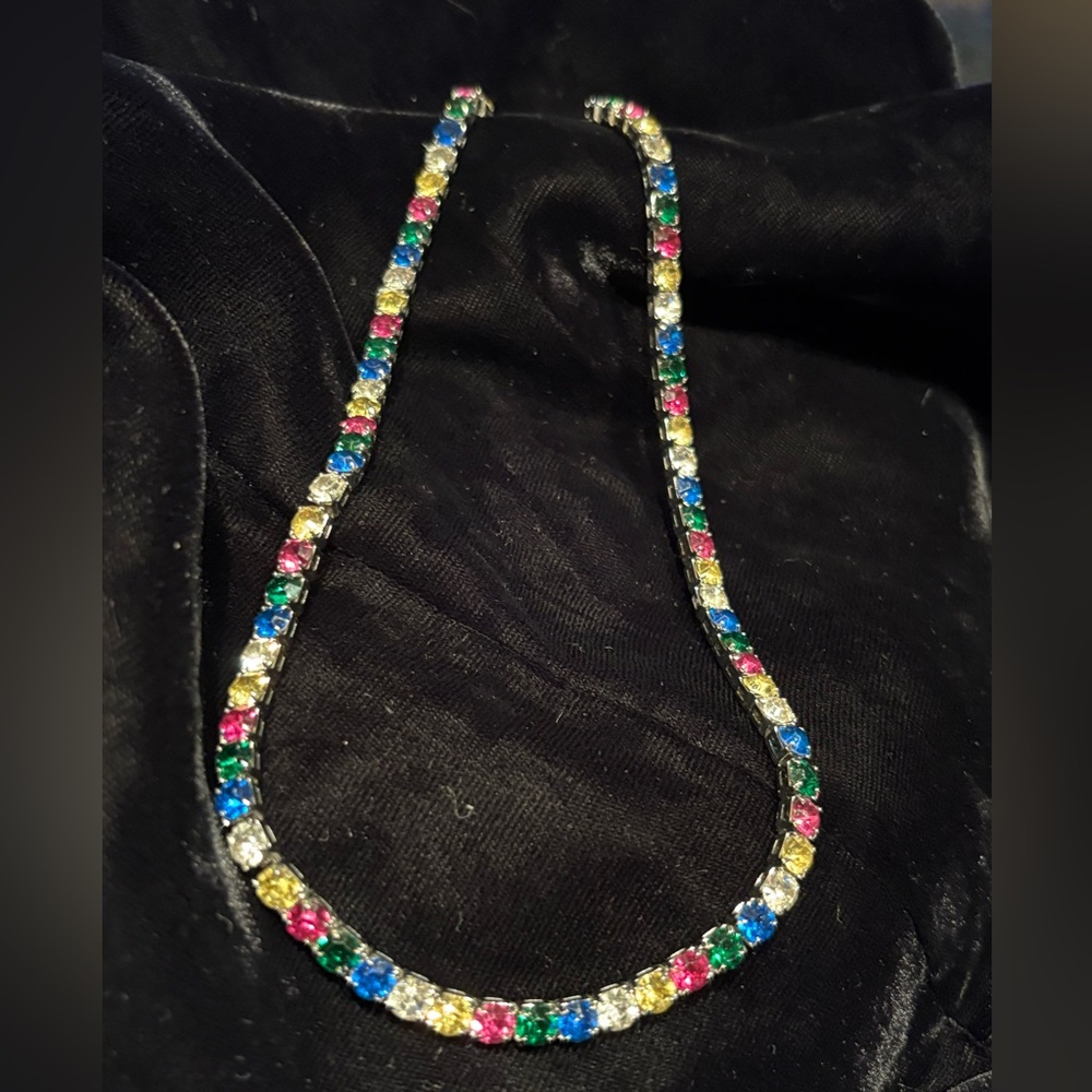 Rainbow 🌈 Tennis Necklace 18” Prong Set Stones Silver Setting